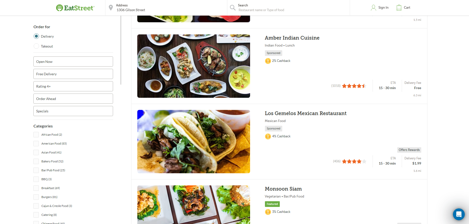 Restaurant discovery and ordering page, desktop view