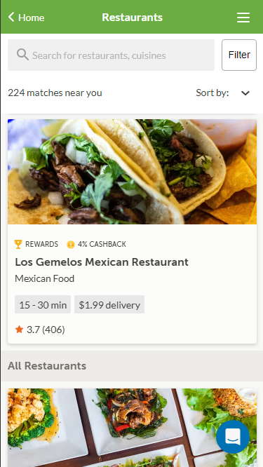 Restaurant discovery and ordering page, mobile view