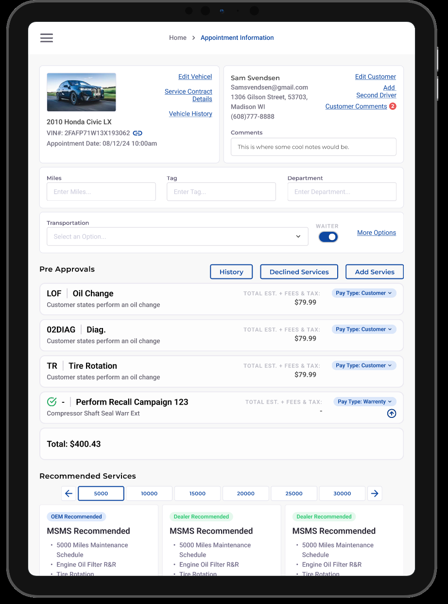 Service advisor vehicle check-in screen for an automotive dealership platform